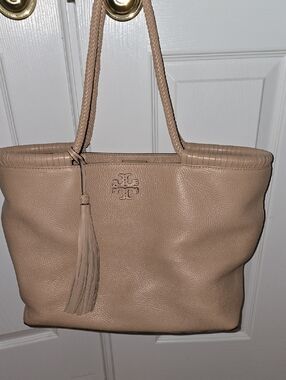 Tory Burch Taupe Leather Tote with Tassel